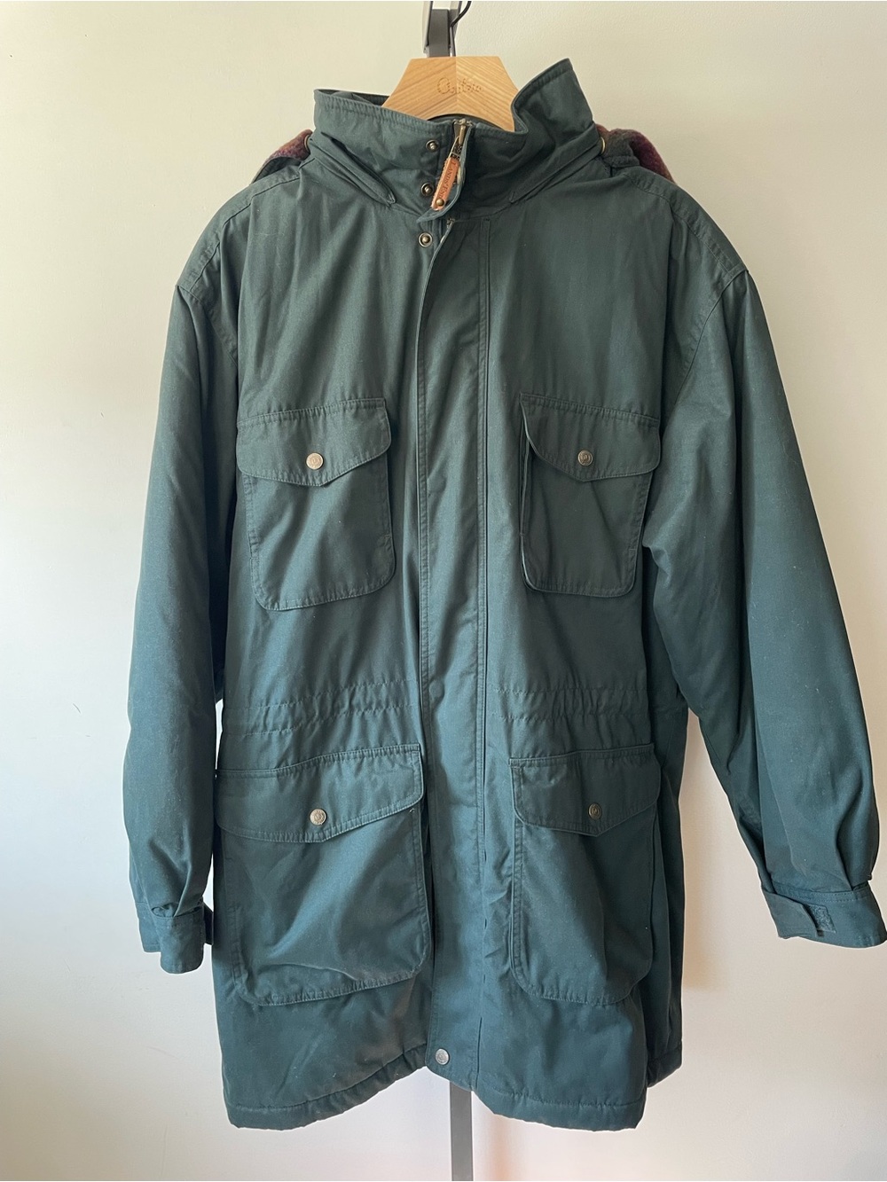 Vintage Lands End Forest Green Wool Plaid Lined Field Military Parka Jacket Coat